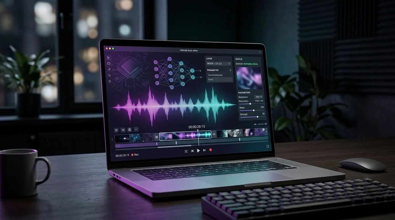 A laptop running a local AI video generation interface with synchronized audio waveform and neural network controls